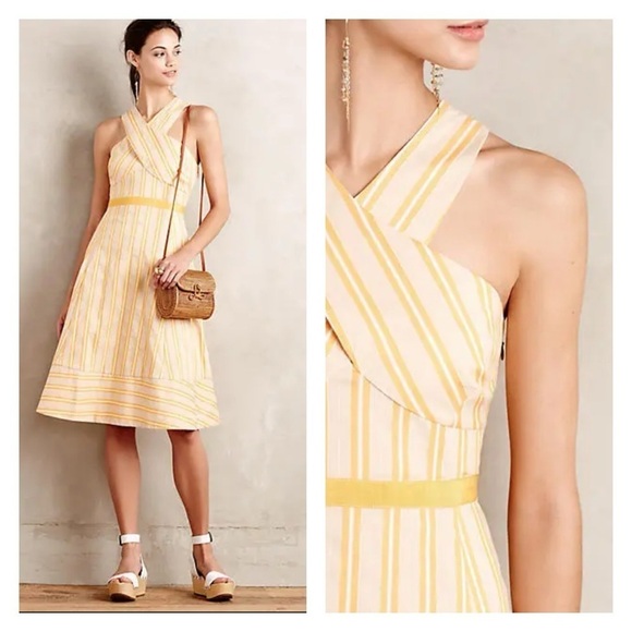 HD IN PARIS Anthropologie Asbury Yellow Stripe Halter Neck Midi Dress Size 8 - Picture 1 of 6